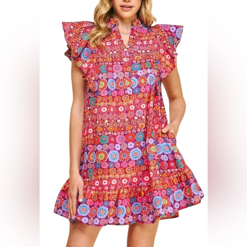 PINCH Floral Print Ruffle Cap Sleeve Midi Dress L